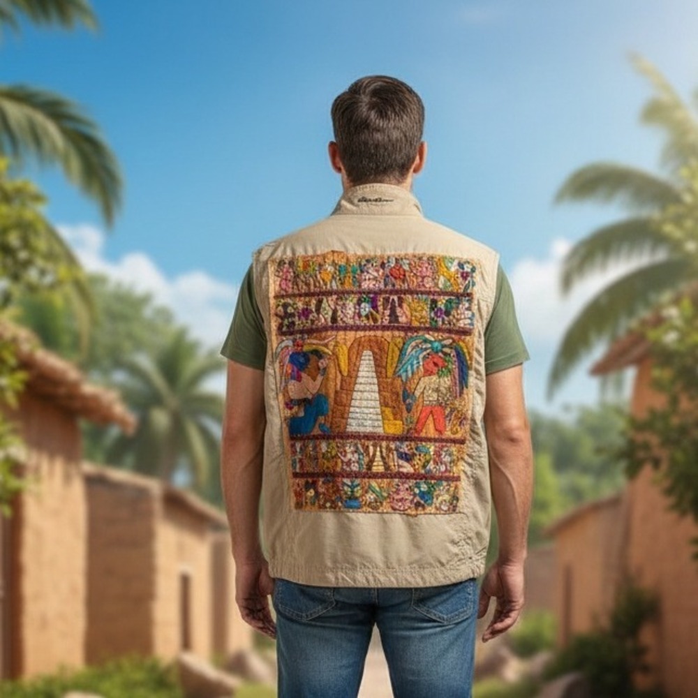 Vtg Eddie Bauer Vest Mens Size XXL Tan Fishing Outdoor Ripstop Mayan Print Rare